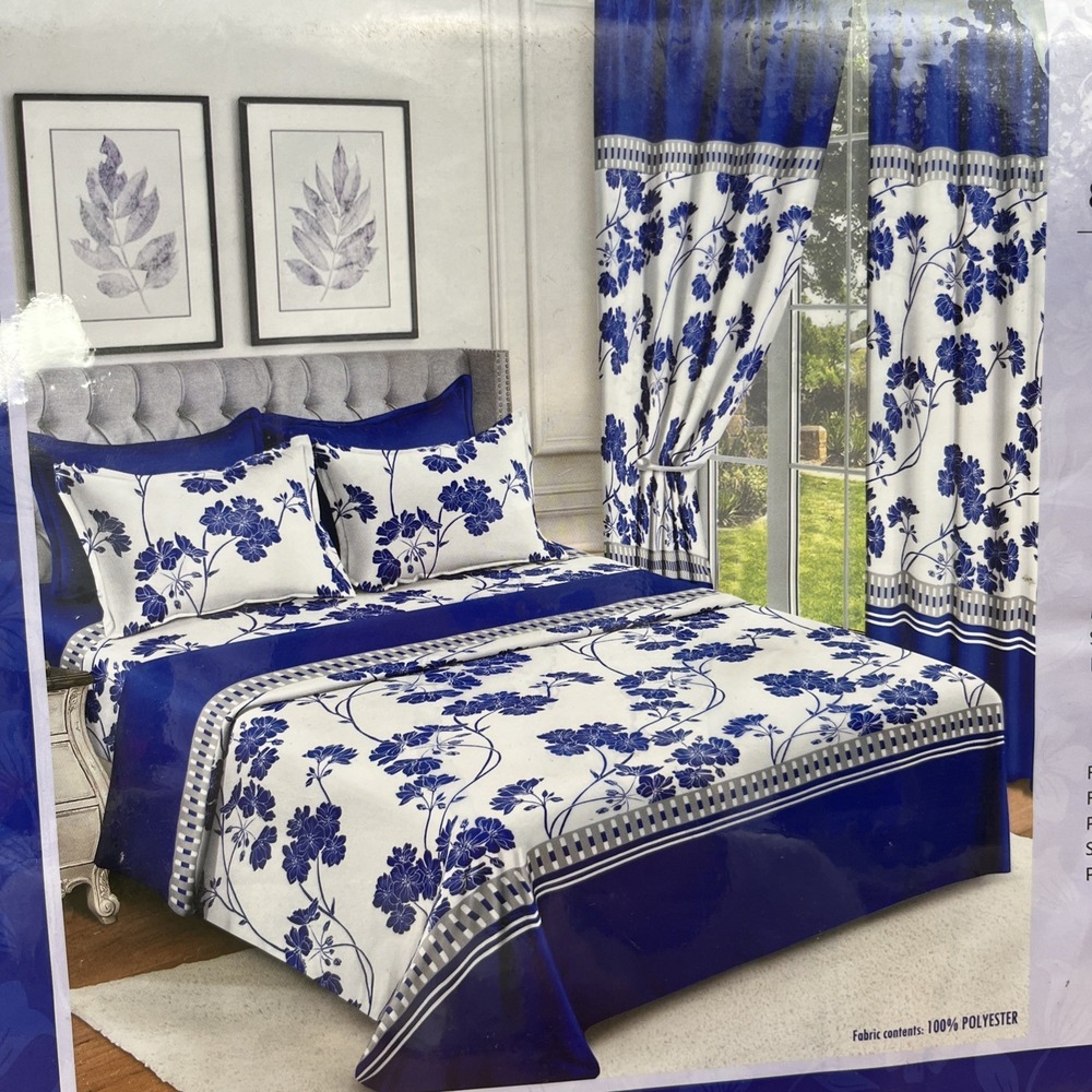 Bollft 8 Piece Sheet  & Curtain Set CALIFORNIA KING Blue/White Floral‎ NEW